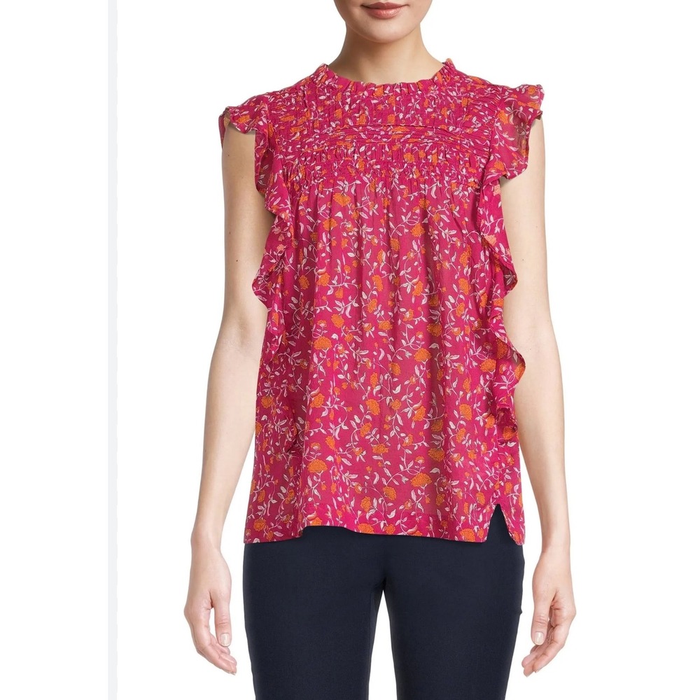 Women's Beach Lunch Lounge Women's Pleated Yoke Top with Ruffle Inset S